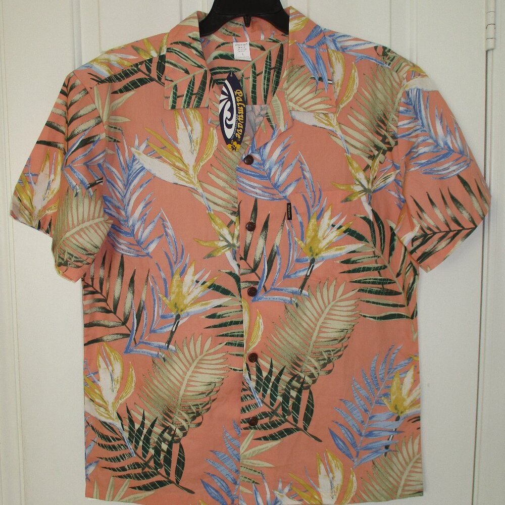 Palmwave Mens S/S Salmon Orange Cotton Floral Hawaiian Shirt NWT - Size Large